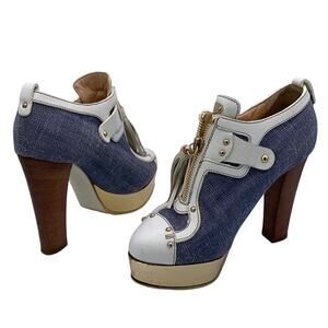 Vicini Colorblock Leather Denim Tasseled Almond Toe Platform Ankle Boots Size 6